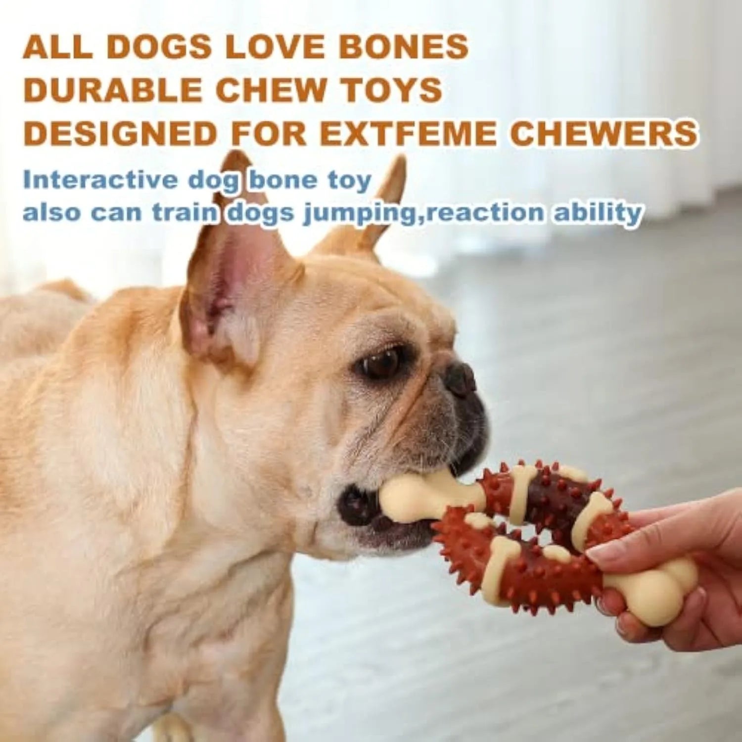 Natural rubber bone-shaped dog dental chew toy for teeth cleaning and anxiety relief