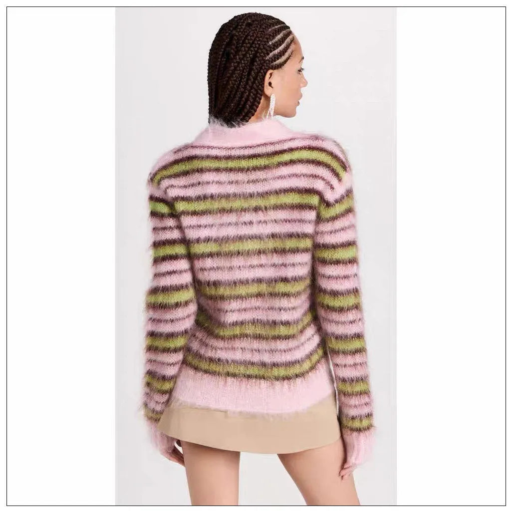 Pink wool knitted cardigan sweater showing cardigan and round-neck pullover style options