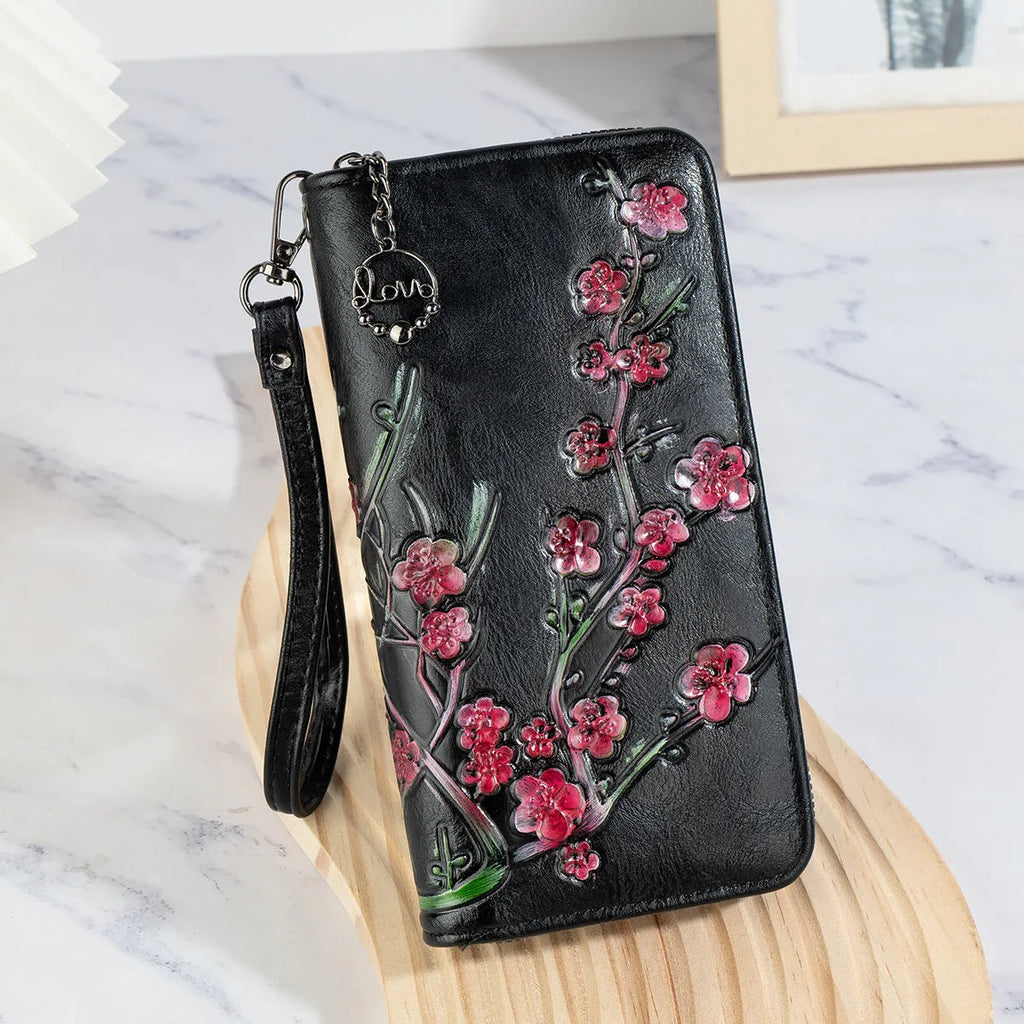 Chinese style floral embossed zipper handbag in black with hand-painted details