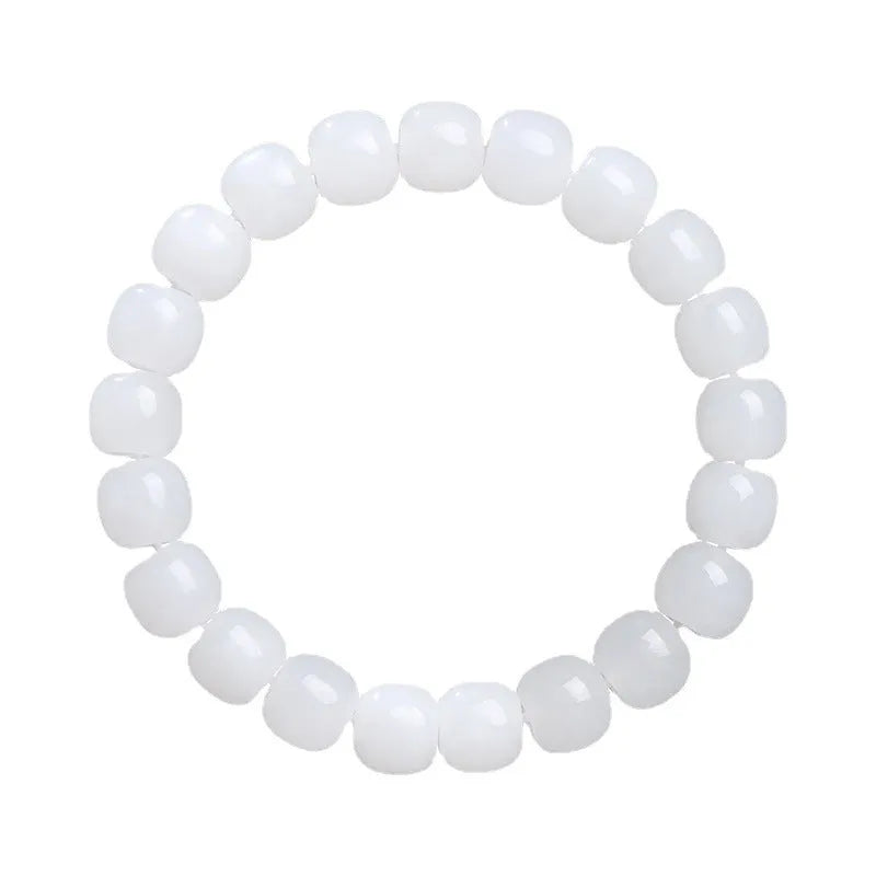 White jade barrel bead bracelet in Hetian jade showing three bead size options for men and women