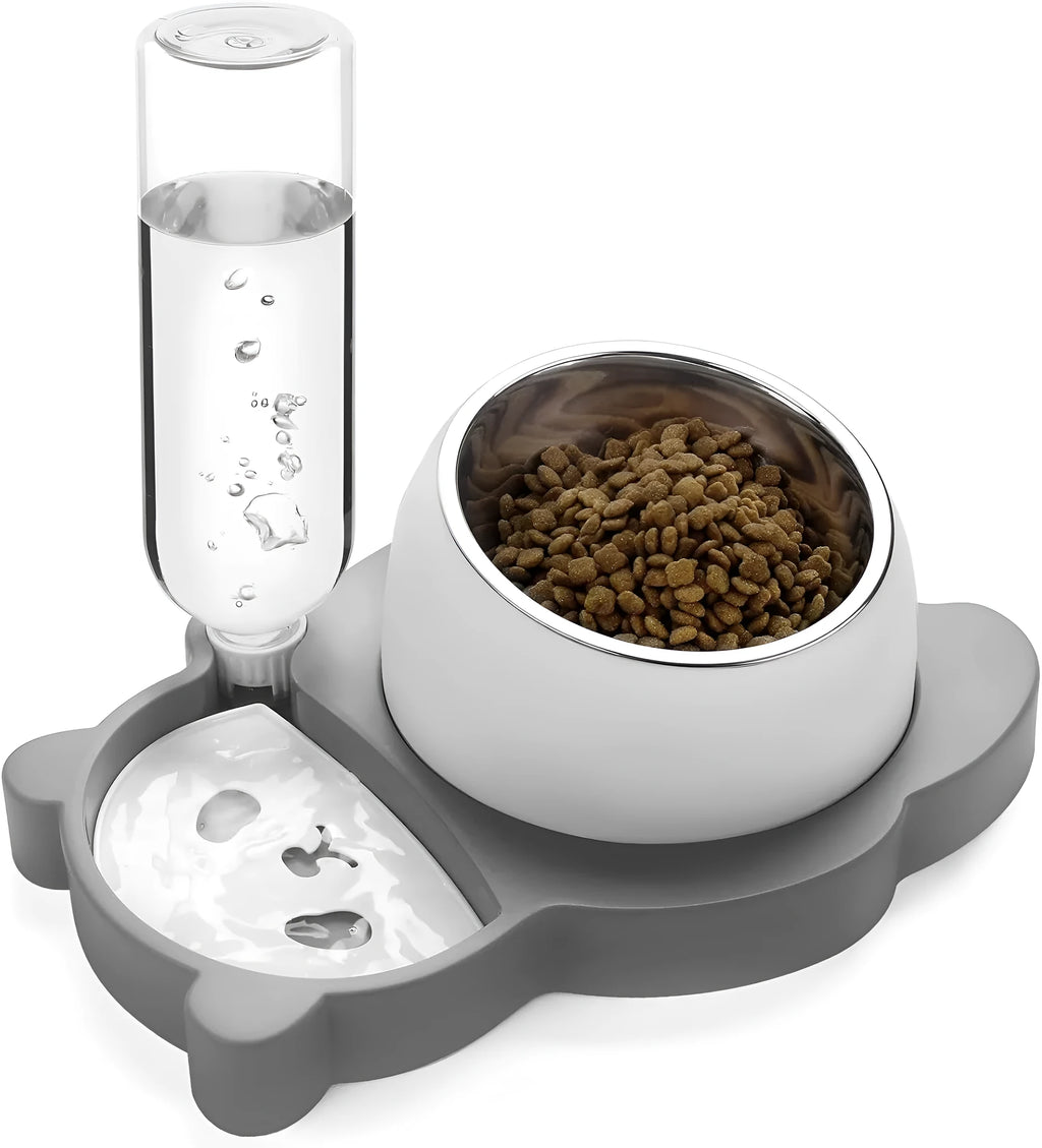 Grey panda-shaped automatic raised pet bowl set with tilted stainless steel bowls and water bottle
