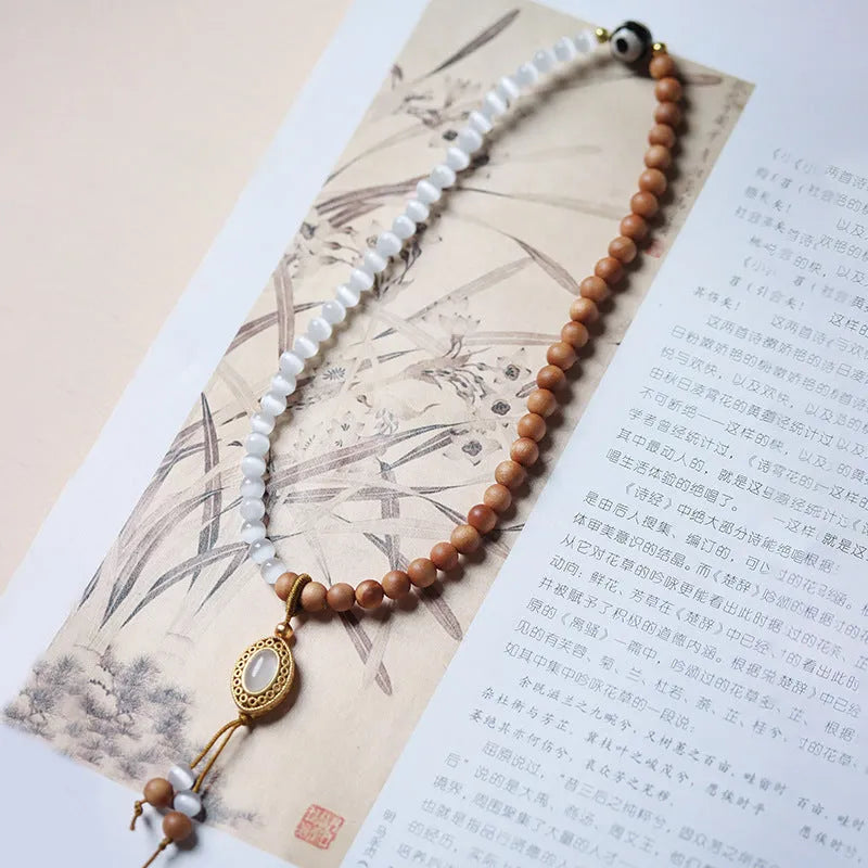 Sandalwood opal double ring bracelet with Tibetan beads in mixed material retro design