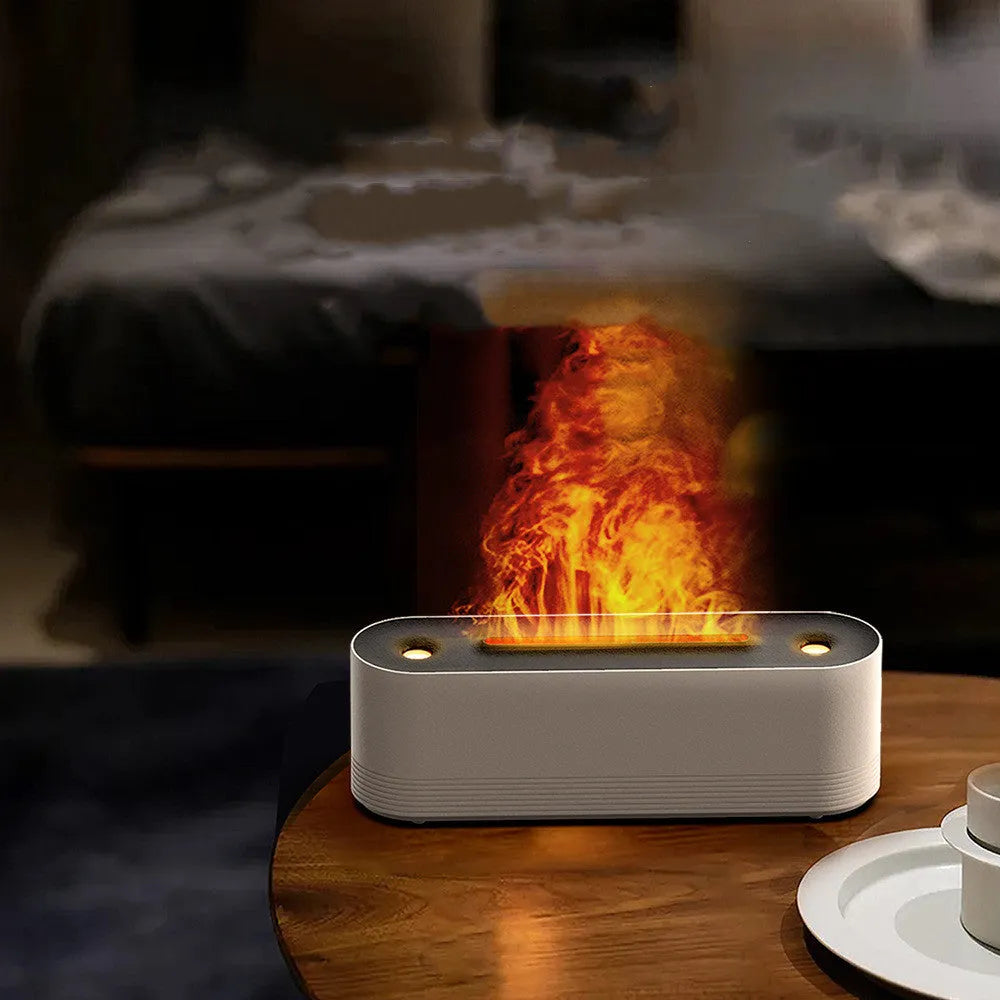 Black or white Flame Air ultrasonic humidifier and aroma diffuser with 7-colour LED lights on.