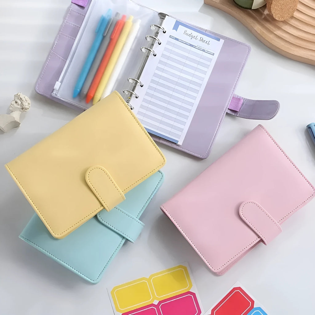 A5 PU leather zipper notebook shell in a solid colour, shown open and closed.