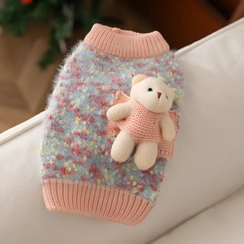 Blue autumn winter pet sweater with three-dimensional bear floral yarn pullover design for small medium dogs and cats