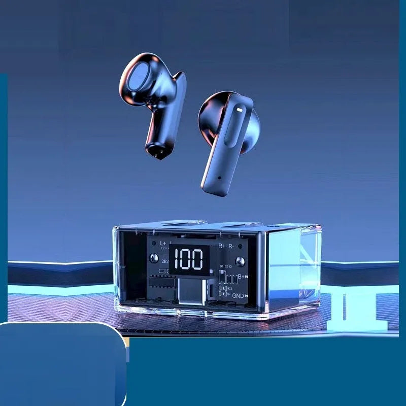 Transparent case Bluetooth earphones showing internal components with digital display screen