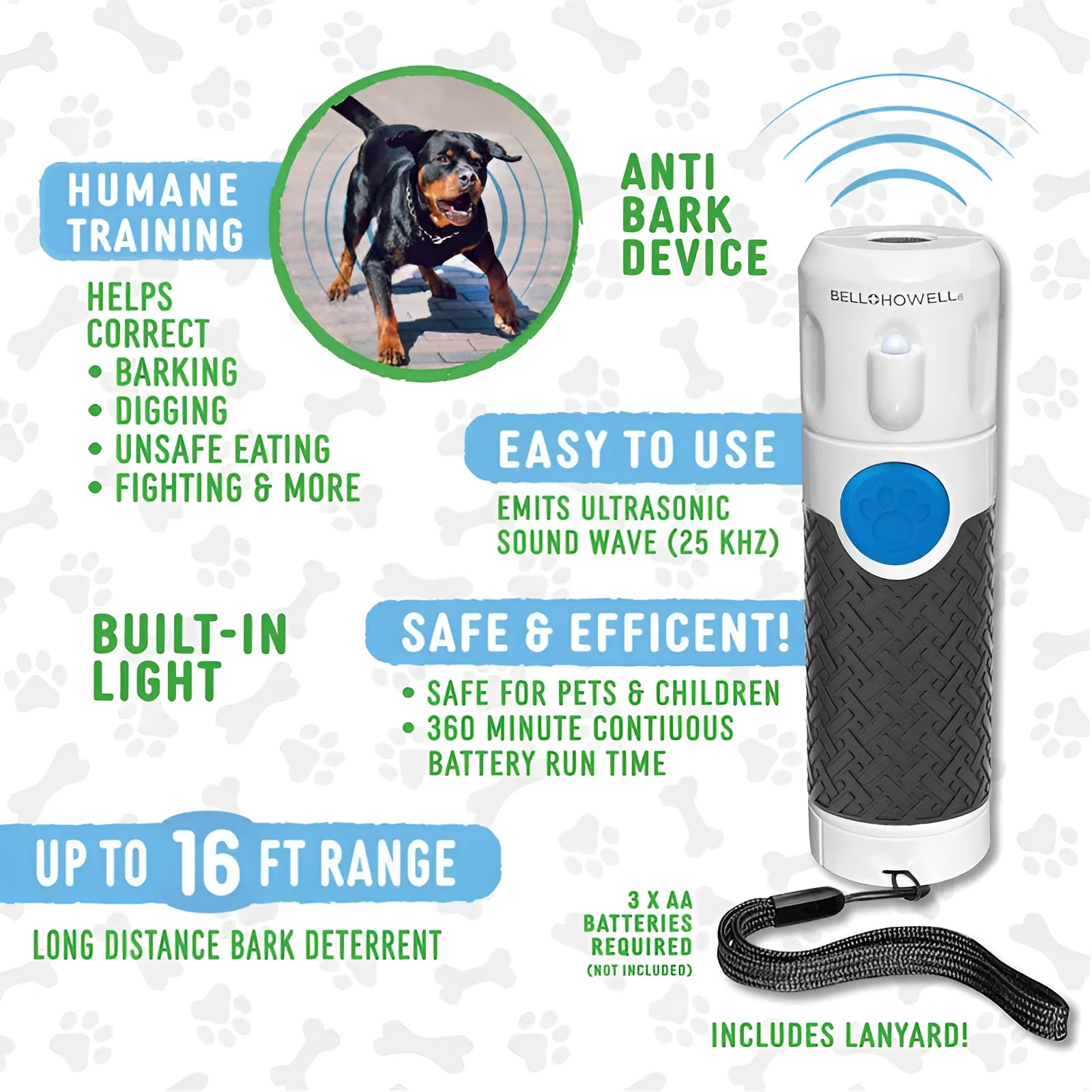 White handheld ultrasonic dog bark trainer with ABS plastic housing