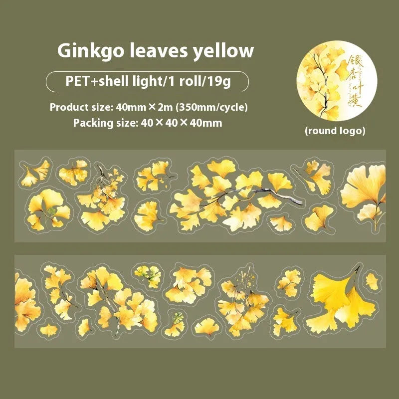 Deciduous Poetry Series PET decorative sticker roll showing six autumn leaf colour designs on 40mm wide material