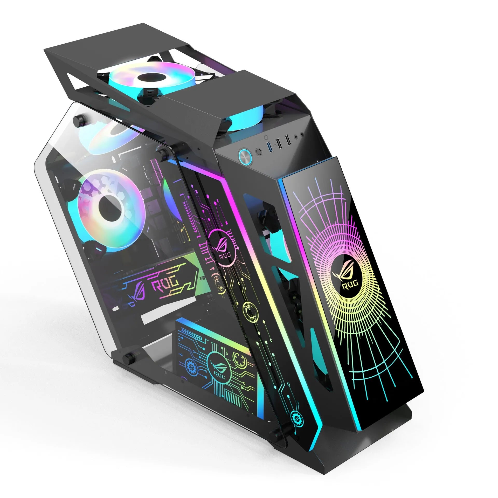 Table-type e-sports computer case metal chassis with RGB fan lighting on a desk
