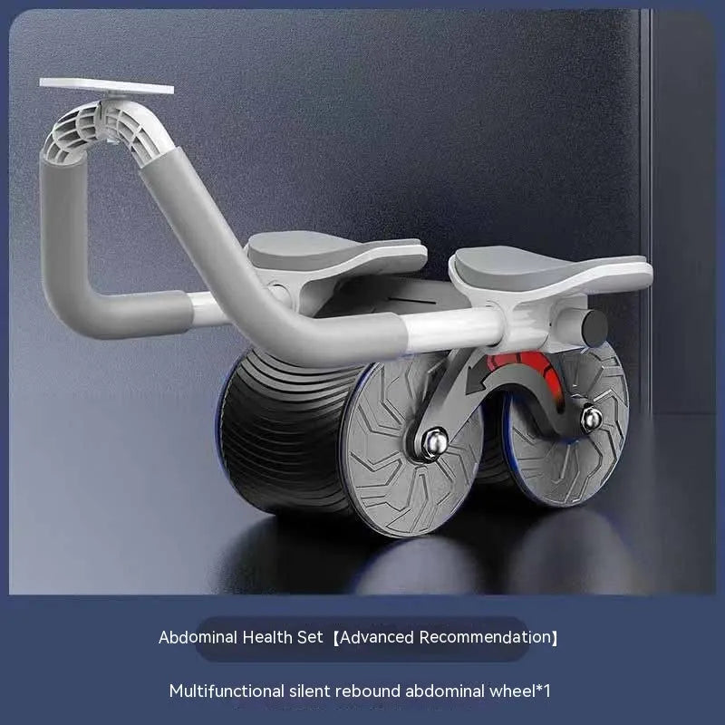 Black abdominal wheel with automatic rebound mechanism next to a thick grey lock-edge NBR yoga mat.