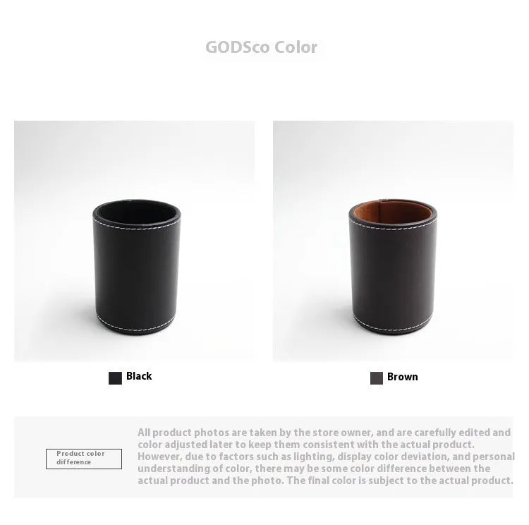Round black leather pen holder showing 8cm diameter and 10.8cm height dimensions