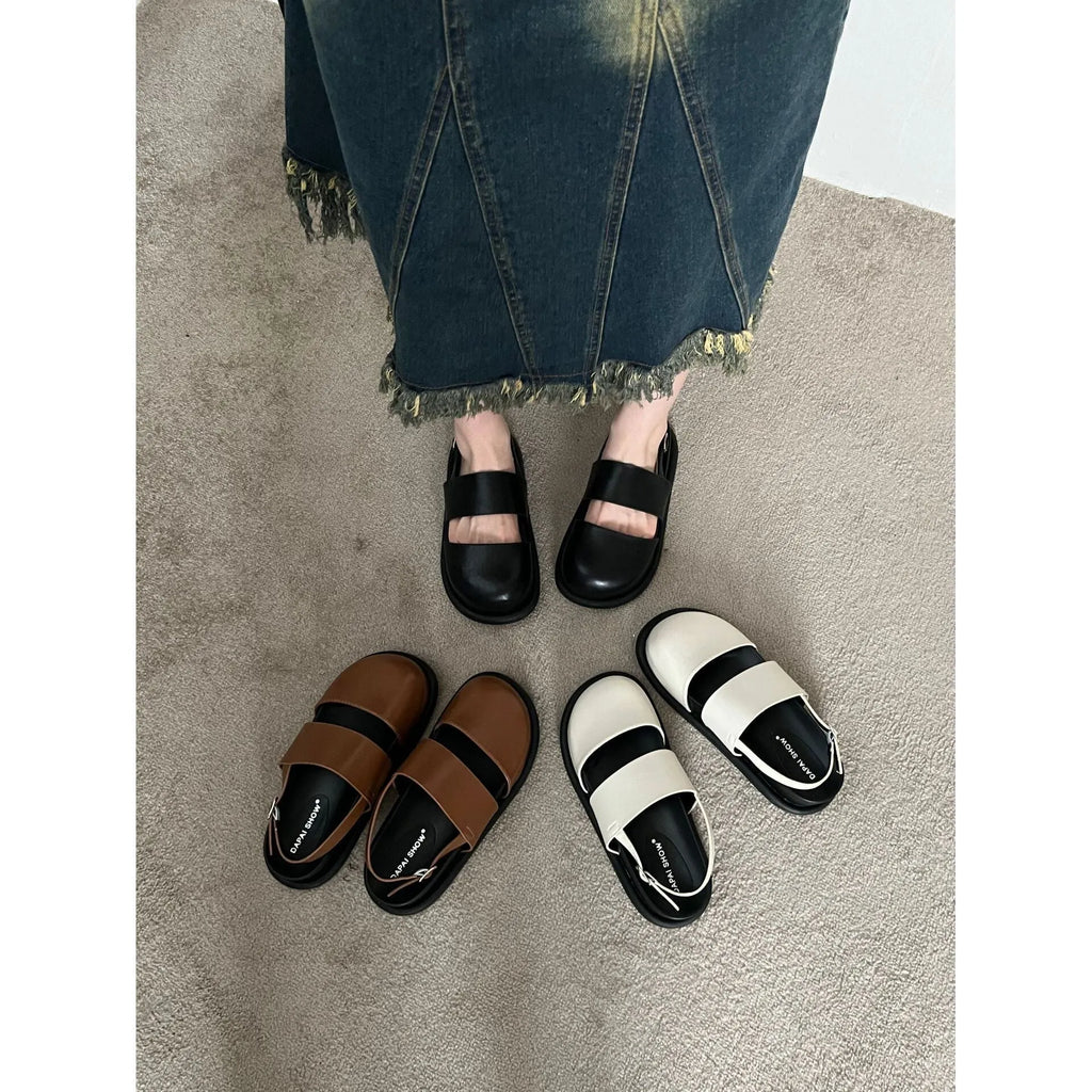 Korean retro sandals with closed toe design and adjustable ankle strap buckle