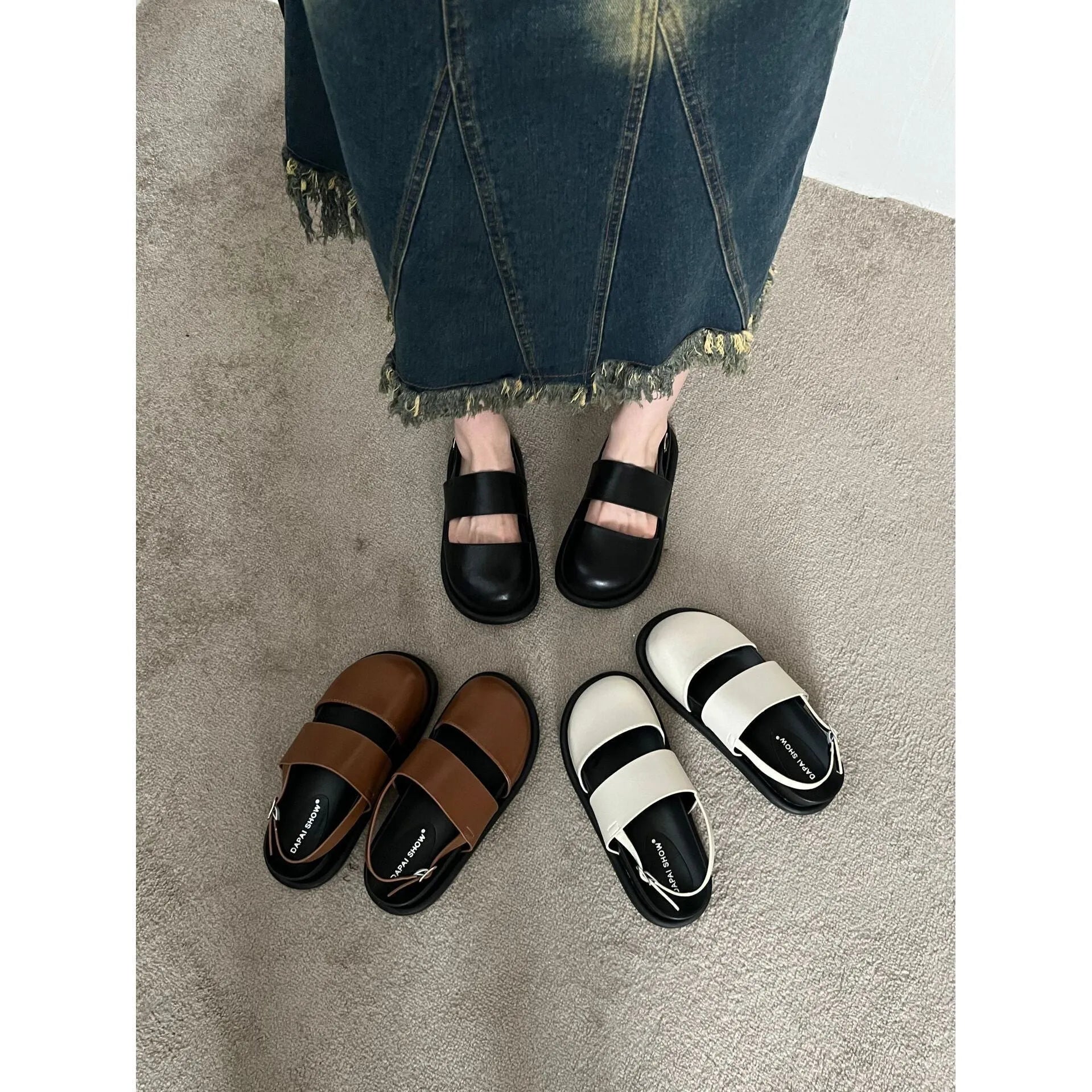Korean retro sandals with closed toe design and adjustable ankle strap buckle