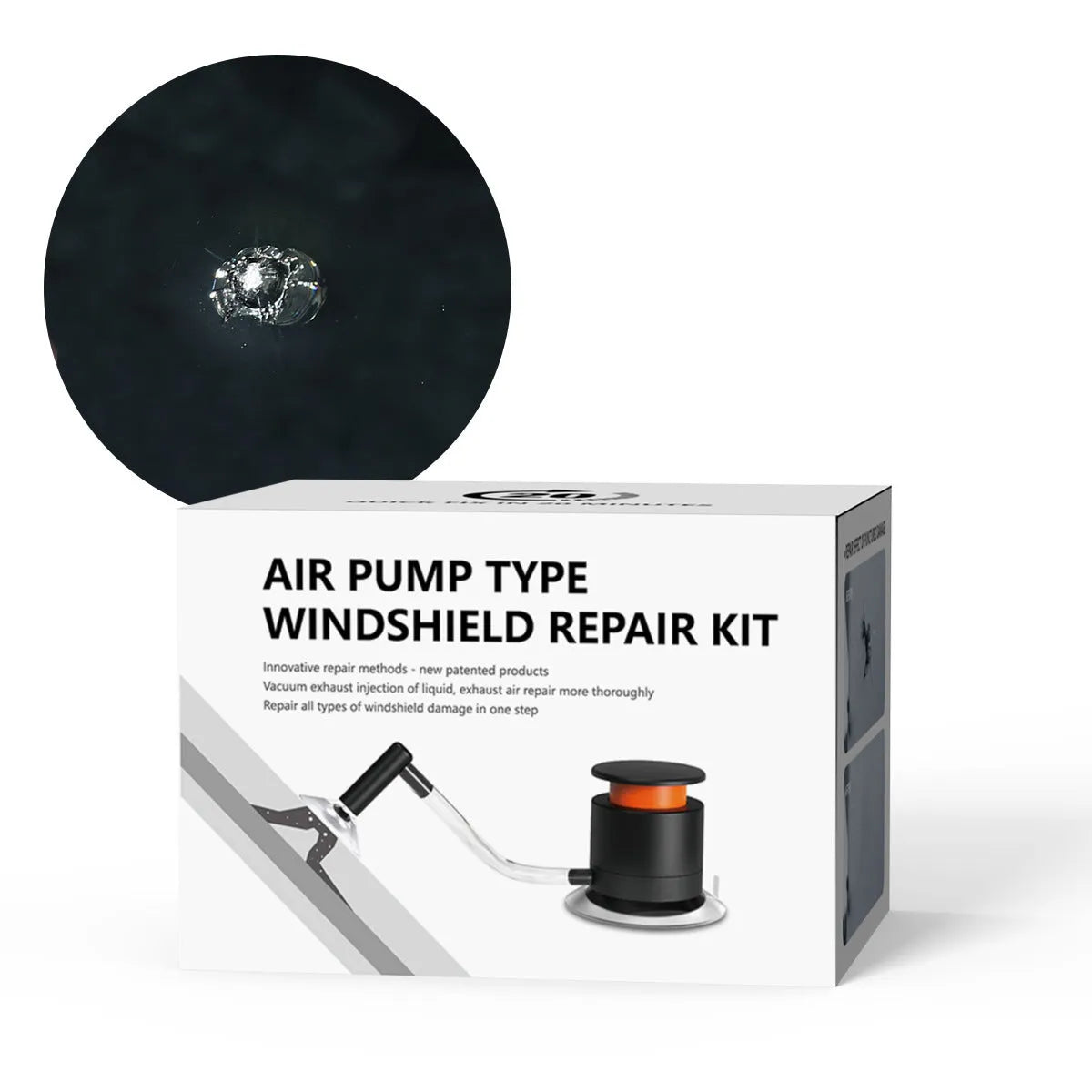 Car windscreen crack repair tool kit with plastic glass corrector for DIY point and crack repairs.