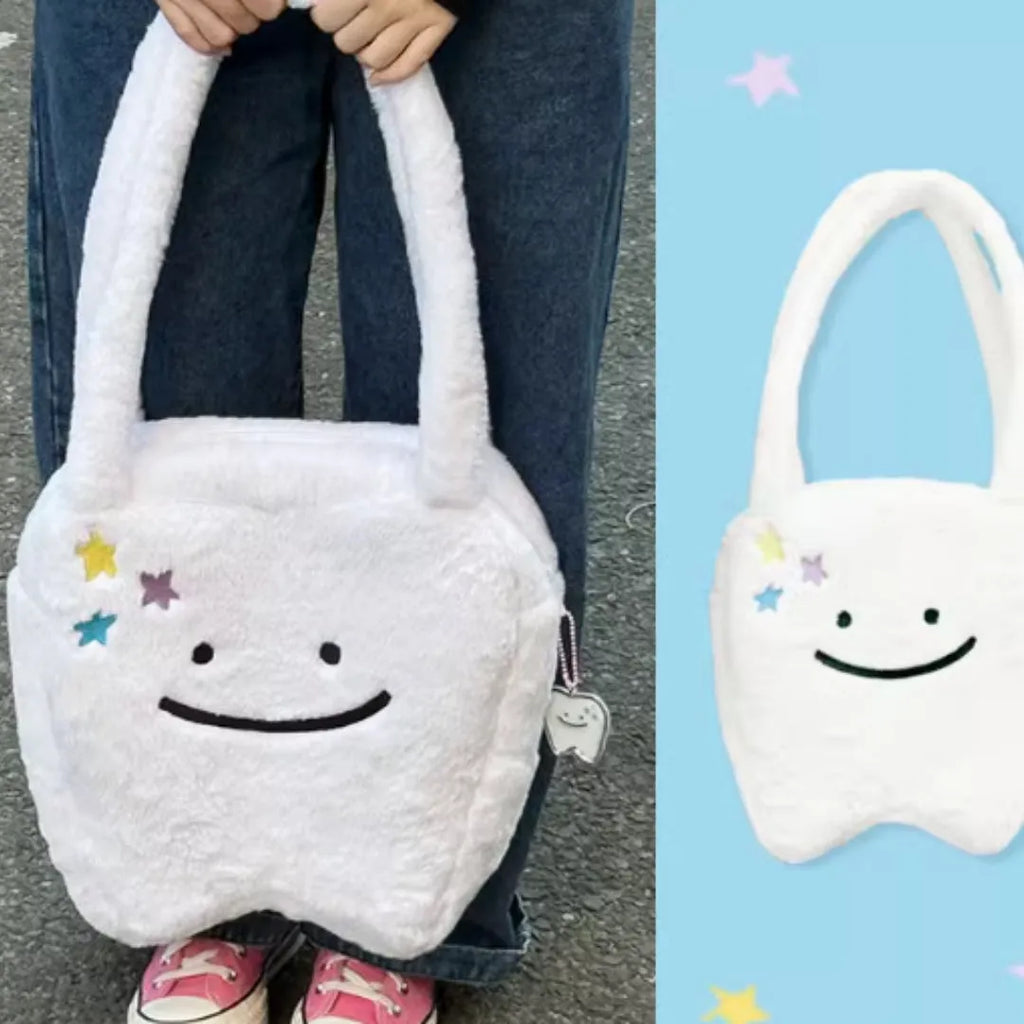 White plush shoulder tote bag with cute teeth pattern design and zipper closure