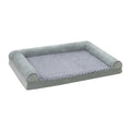Soft cloth dog kennel in light grey and dark grey colours showing three size options for medium large breeds