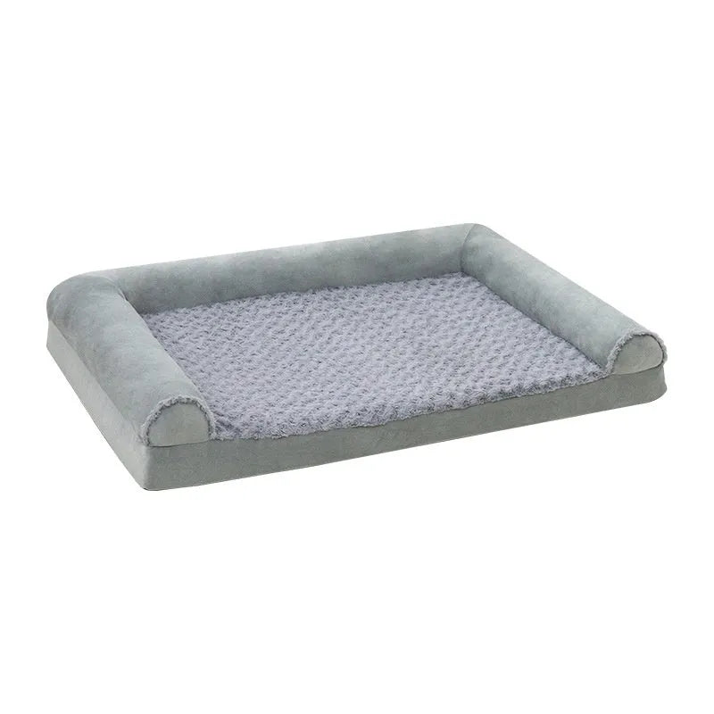 Soft cloth dog kennel in light grey and dark grey colours showing three size options for medium large breeds