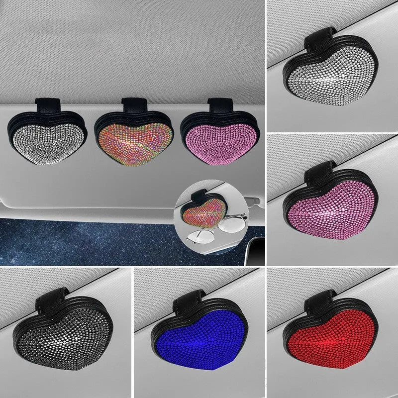 Diamond-encrusted PU leather car sun visor clip with magnetic closure for glasses and document storage