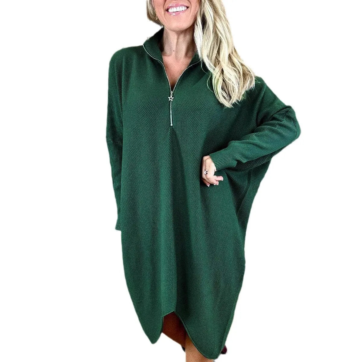 Women's solid colour knitted loose dress with raglan sleeves and zipper detail