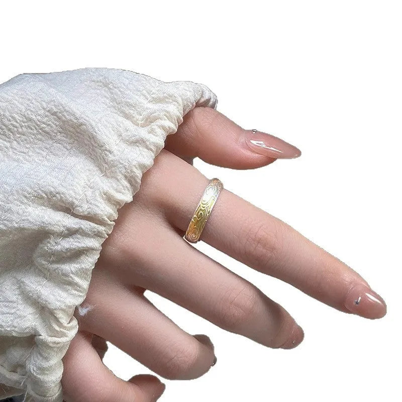 White copper ring with xiangyun pattern, electroplated silver and gold finish, geometric open mouth design