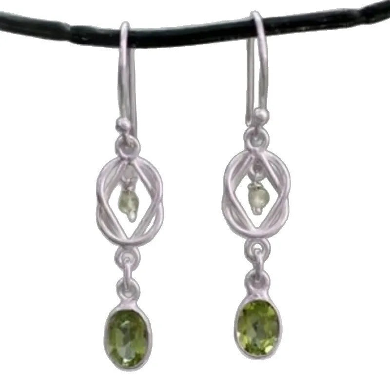 Silver alloy women's earrings with green gem micro inlay, geometric ellipse and line design, Maillard style