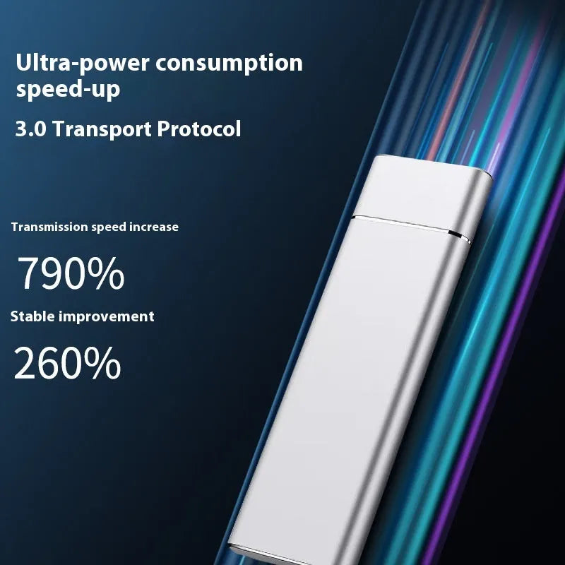 Sapphire blue portable metal external hard drive with USB cable on a white background.