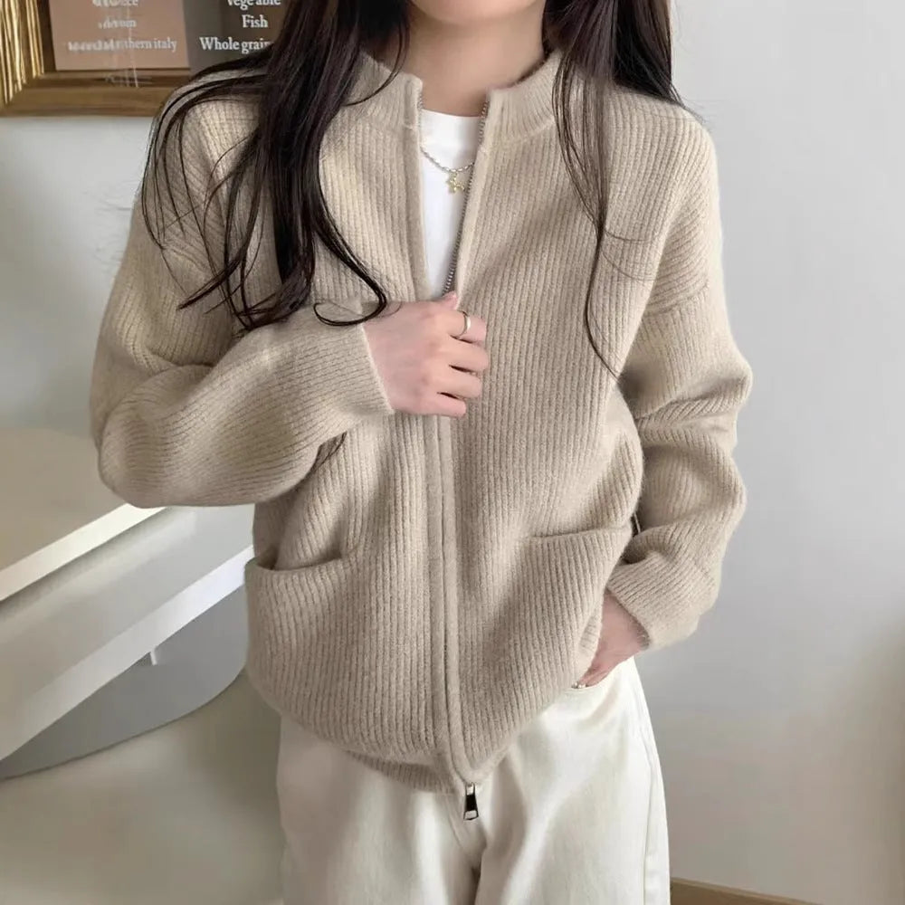 Soft viscose long sleeve cardigan coat in beige, grey, black, or khaki.