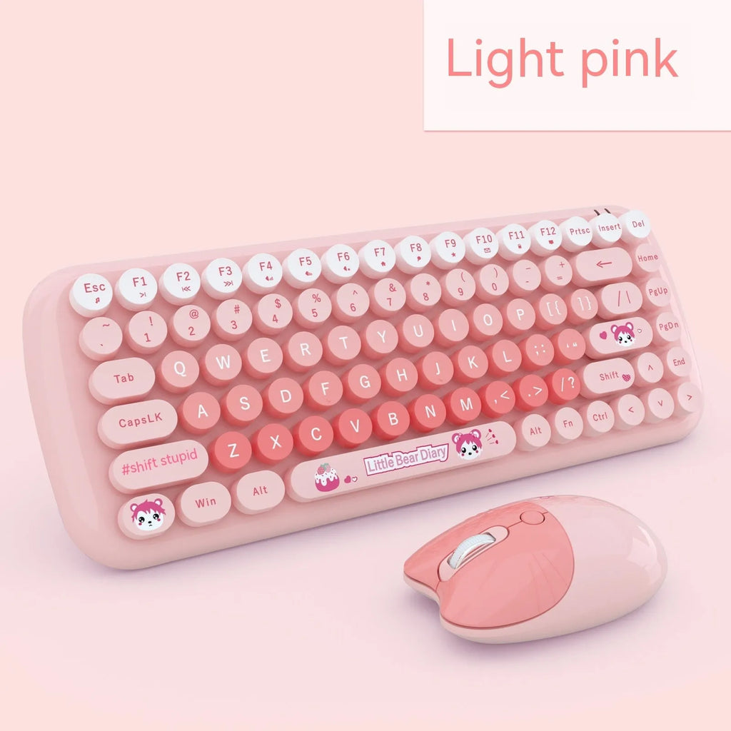 Pink mini cartoon wireless keyboard and mouse set with compact 43.5cm width design