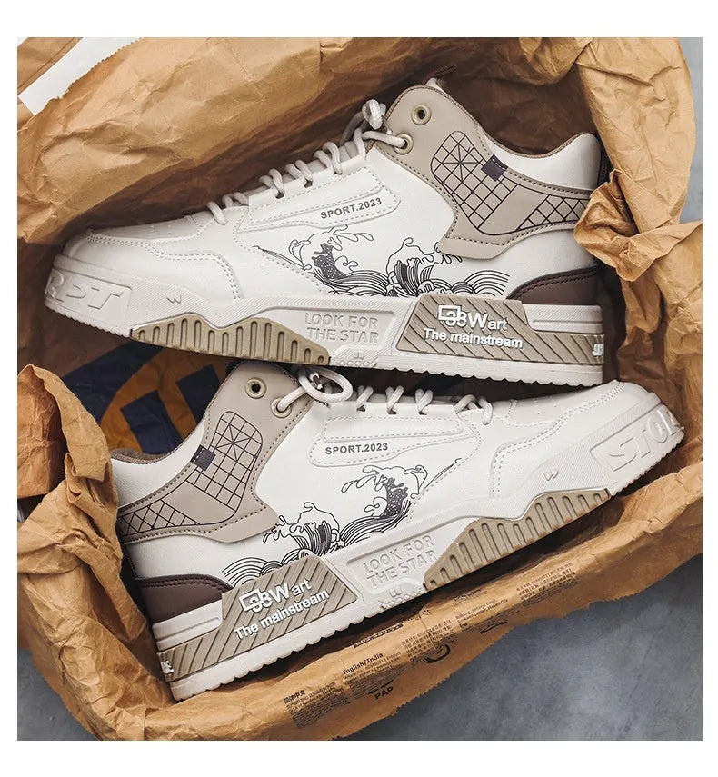 Men's beige high-top board shoes with white rubber sole and lace-up front.