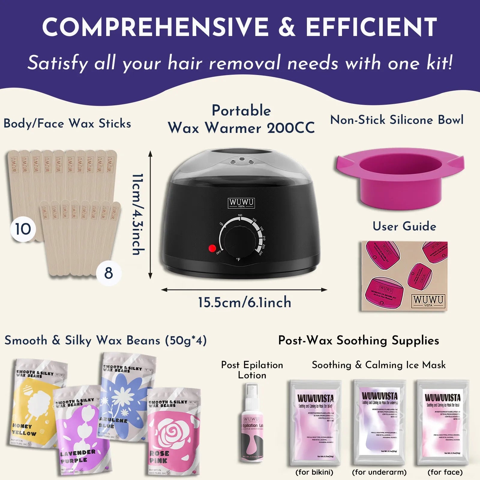 29-piece waxing kit with black wax warmer, wax beads, applicator sticks, and aftercare products