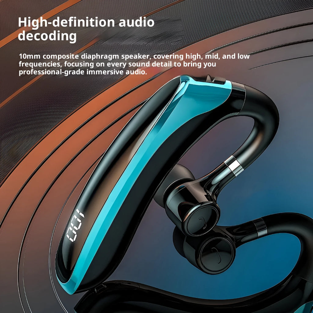 High-gloss black single-ear bone conduction sports Bluetooth headset with digital display and breathing light
