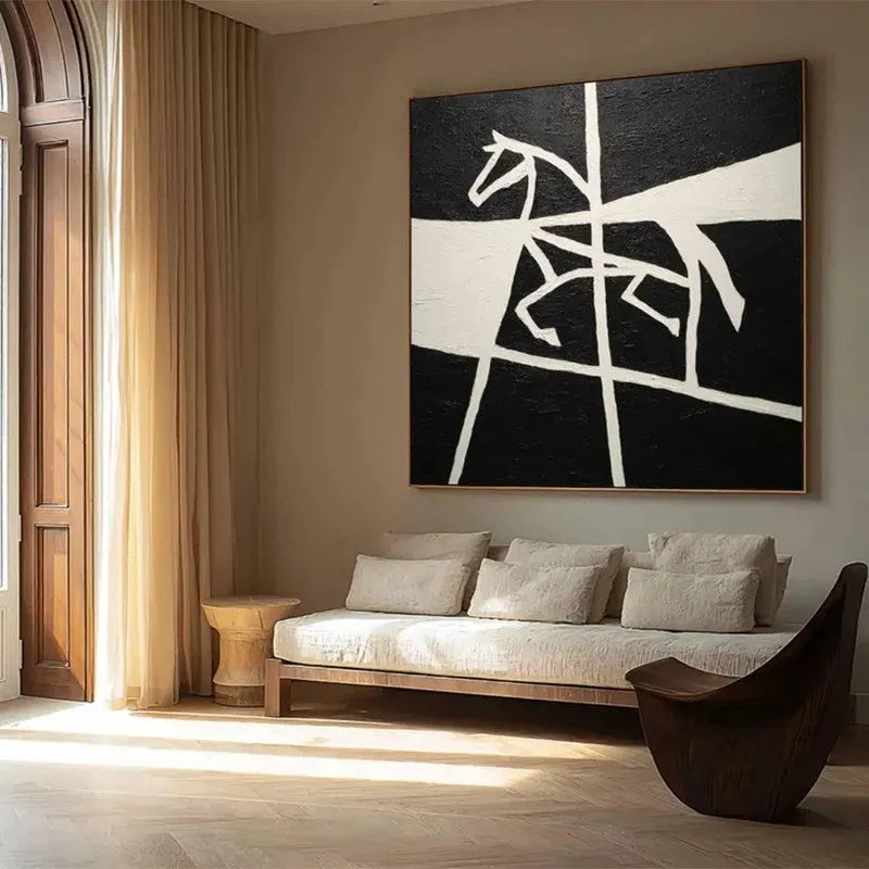 Handmade oil painting of a running black and white horse on canvas, frameless and unstretched