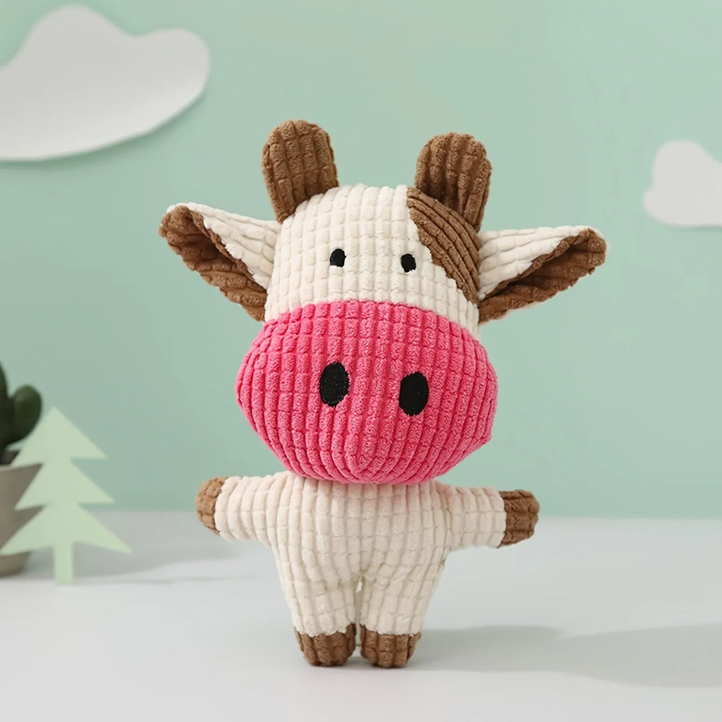 Animal-shaped plush dog chew toy with squeaker in assorted colours including blue, brown, and cow print.
