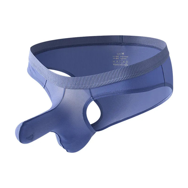 Men's low waist ice silk briefs in multiple colours on a size chart background.