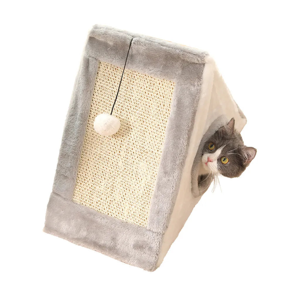 Triangular cat scratching toy with sisal surface in grey-white colour option showing perch design
