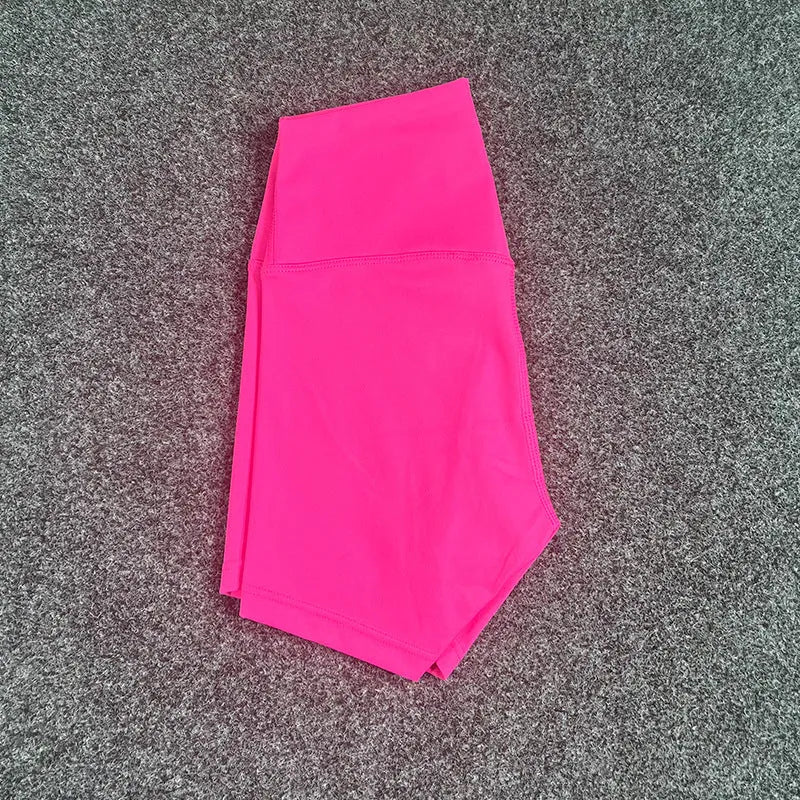 Ladies high waist yoga shorts in nylon fabric, shown in multiple colour options.