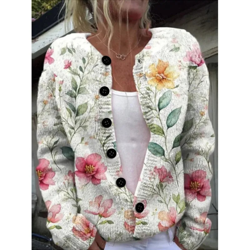 Yellow digital printing cardigan knitted coat with 3D effect pattern, regular sleeves, gentle style