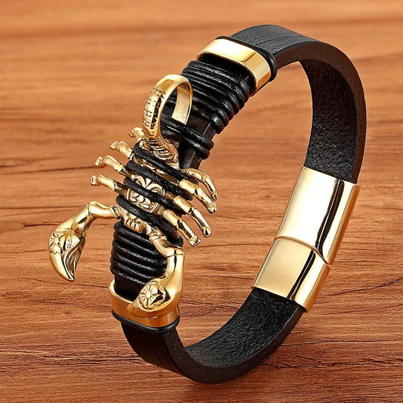 Titanium steel woven bracelet for men with scorpion geometric design, available in 19cm and 21cm sizes