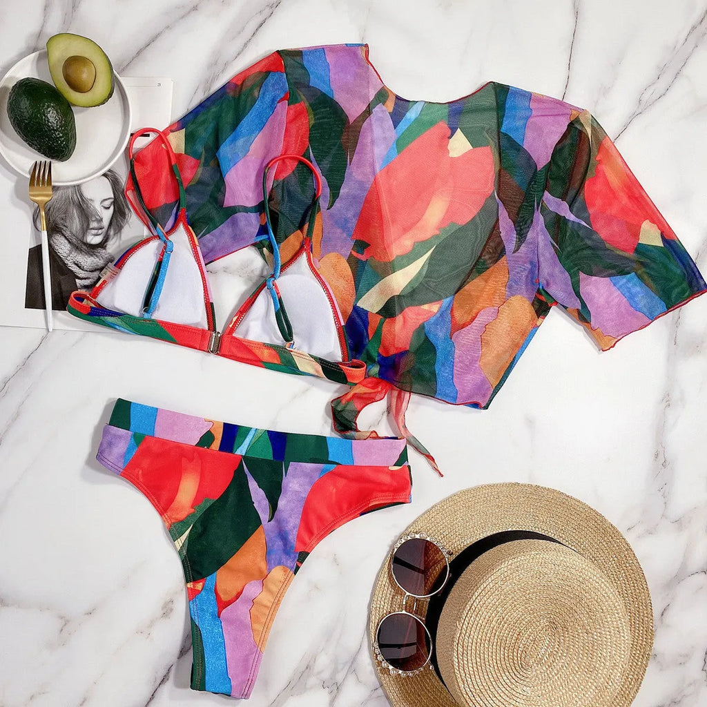 Red women's printed split swimsuit with European American pattern style and nylon construction