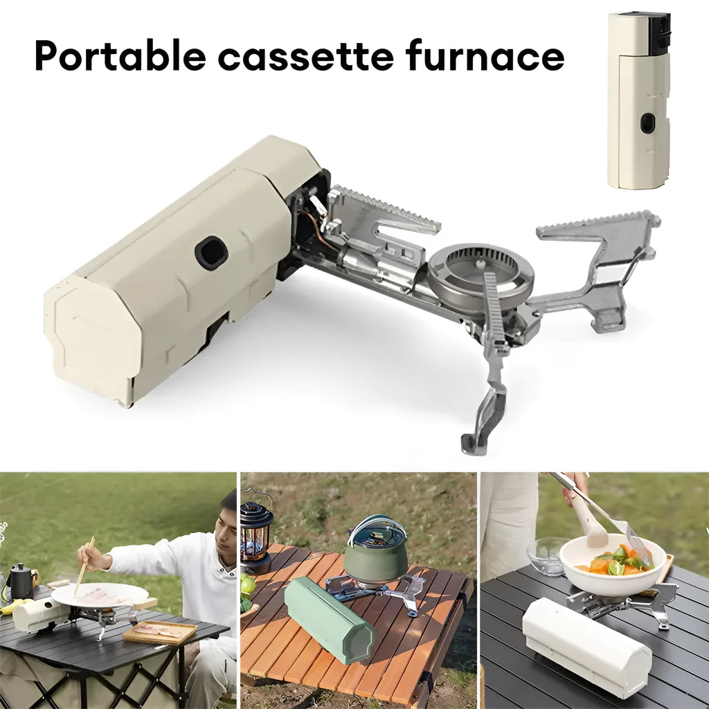Green portable folding gas stove with serrated pot support and adjustable valve, shown with storage bag.