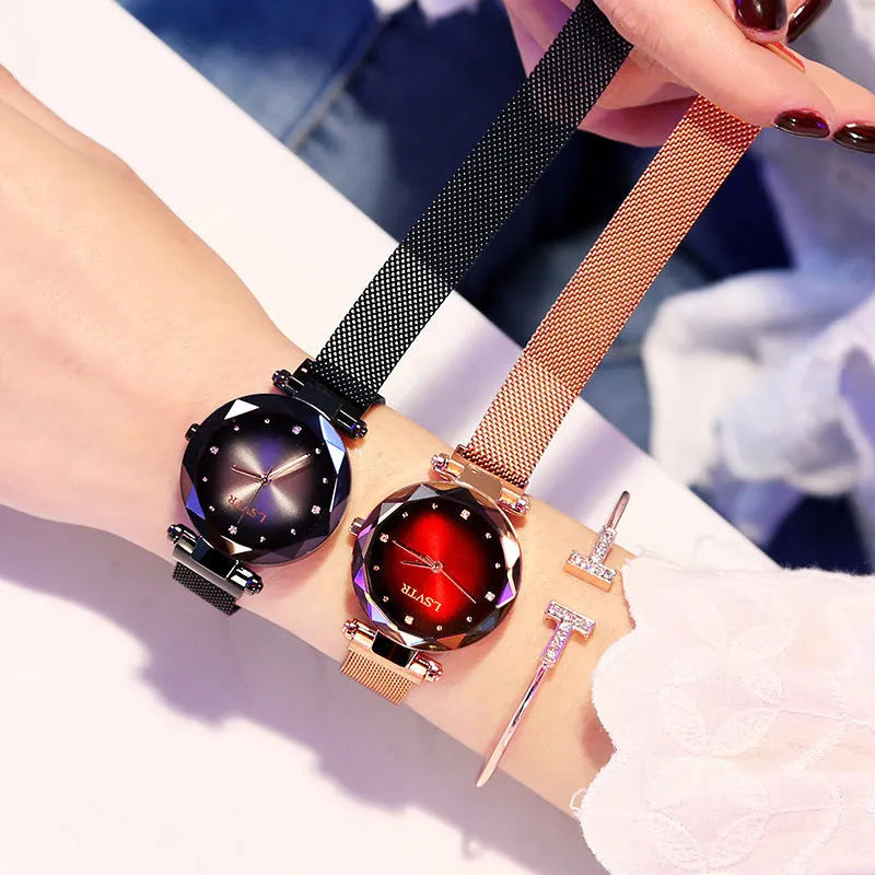 Women's Starry quartz watch with magnetic strap in rose gold colour, 8mm thickness, on transparent belt