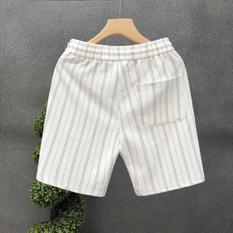 Men's black and white striped casual fleece-lined shorts with a double-layer waistband and straight leg.