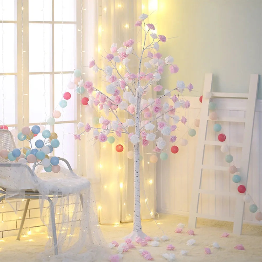 60cm Christmas rose shining tree lamp with pink and white flower-shaped PVC lights on a tabletop