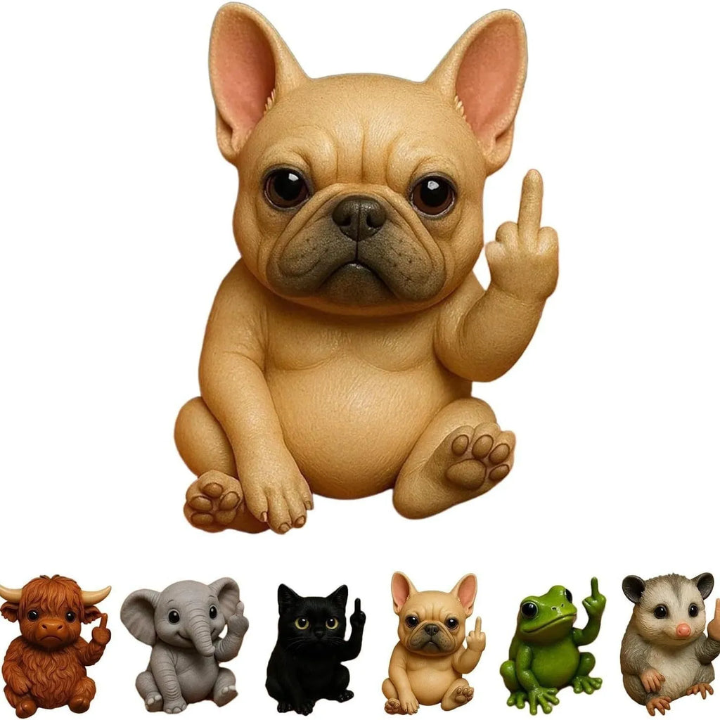 Resin animal middle finger doll in cat, dog, elephant, frog, Highland cattle, mouse, or turtle style.