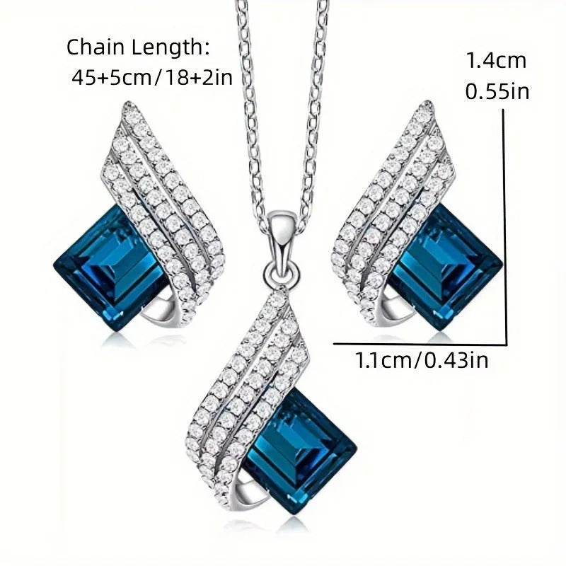 Women's necklace and ear stud set with cross chain design and glass pendant jewellery