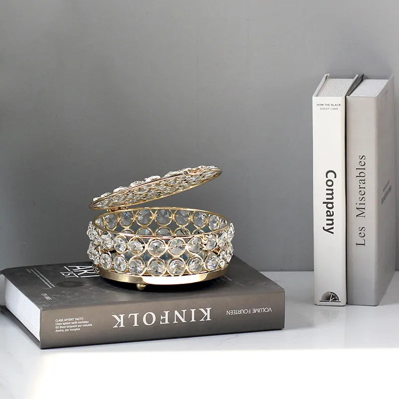 French gold metal jewellery storage box with transparent crystal glass lid and European decorative styling