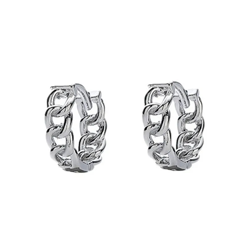 Men's geometric copper hip hop earrings in silver finish, showing 10mm and 14mm size options.