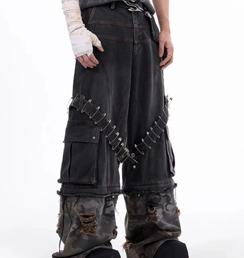 Men's grey jeans with camouflage splicing design and pin ribbon details
