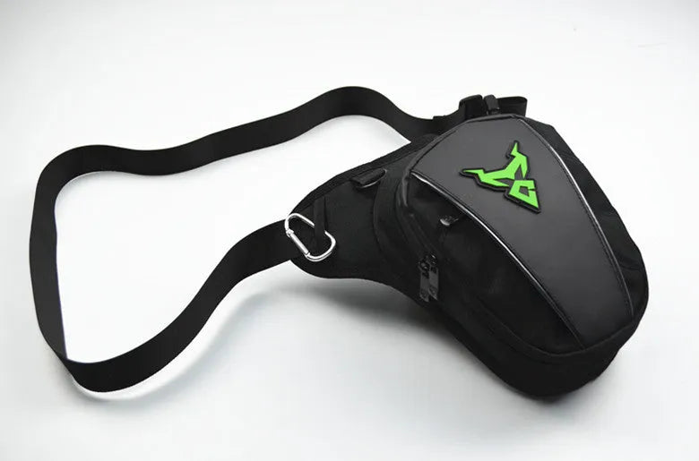 Motorcycle riding leg bag in 1200D Oxford cloth with crossbody strap, shown in grey colour.