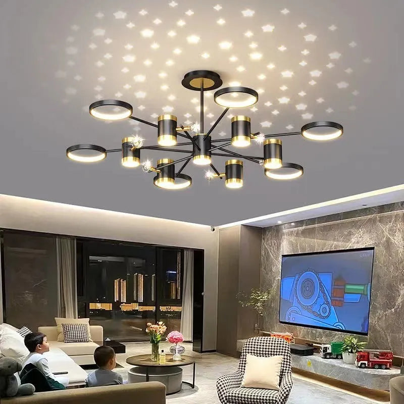 Black iron star chandelier ceiling light with 13 LED heads and remote control